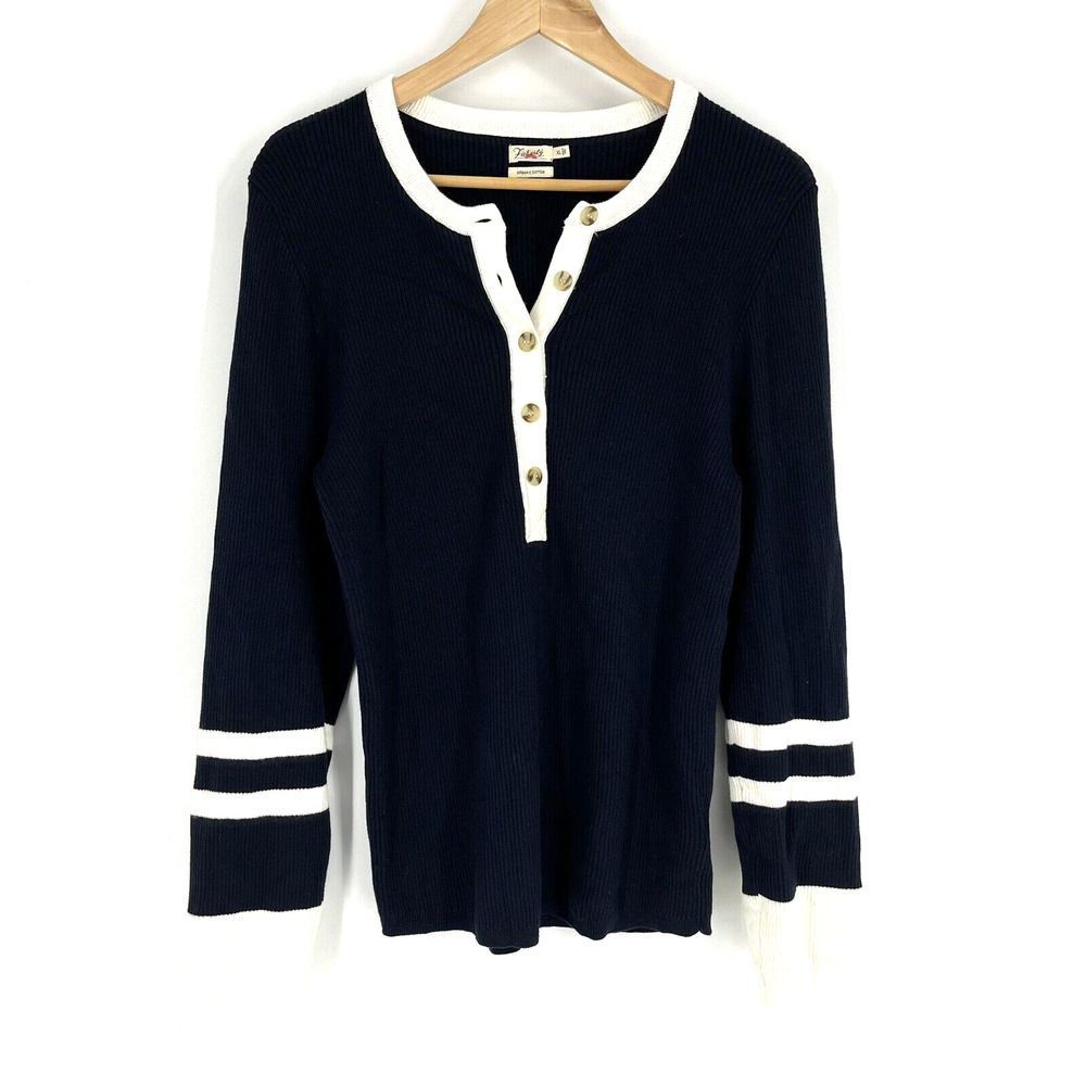 Faherty Sweater Size XL Womens Navy White Mikki Henley Coastal Colorblock Ribbed